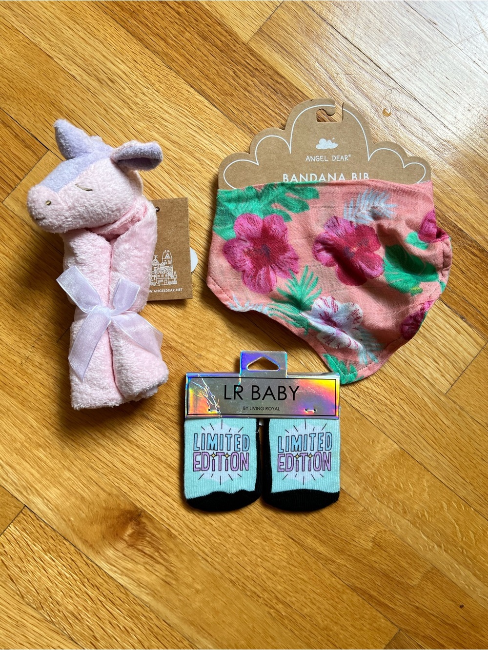 Angel Dear Pink & Purple Unicorn , Pink & Green Floral Bandana Bib & socks - NWT